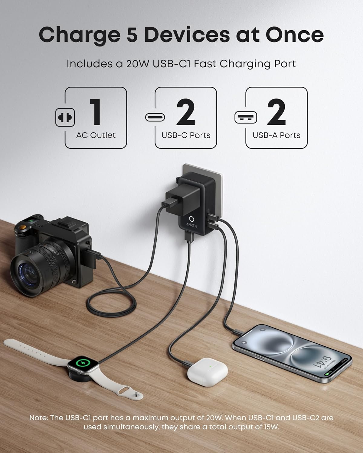 Anker Nano Travel Adapter – 5-in-1, 20W Fast Charging, Universal Plug